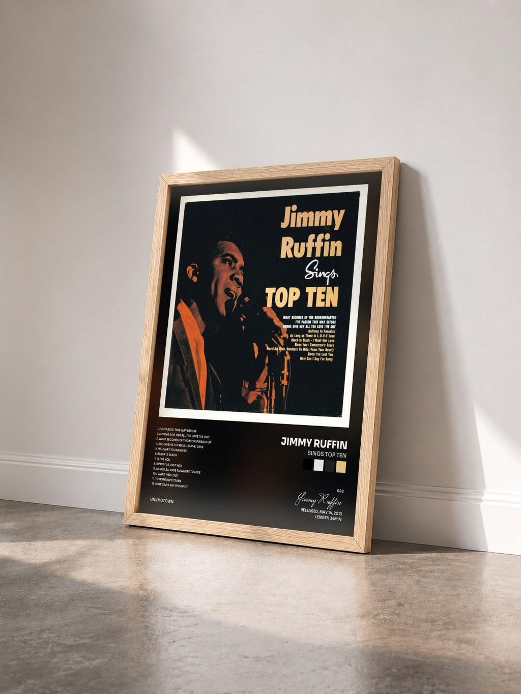 #bois Tableau de l'album Sings Top Ten de Jimmy Ruffin vu de trois quarts, cadre en bois brut
