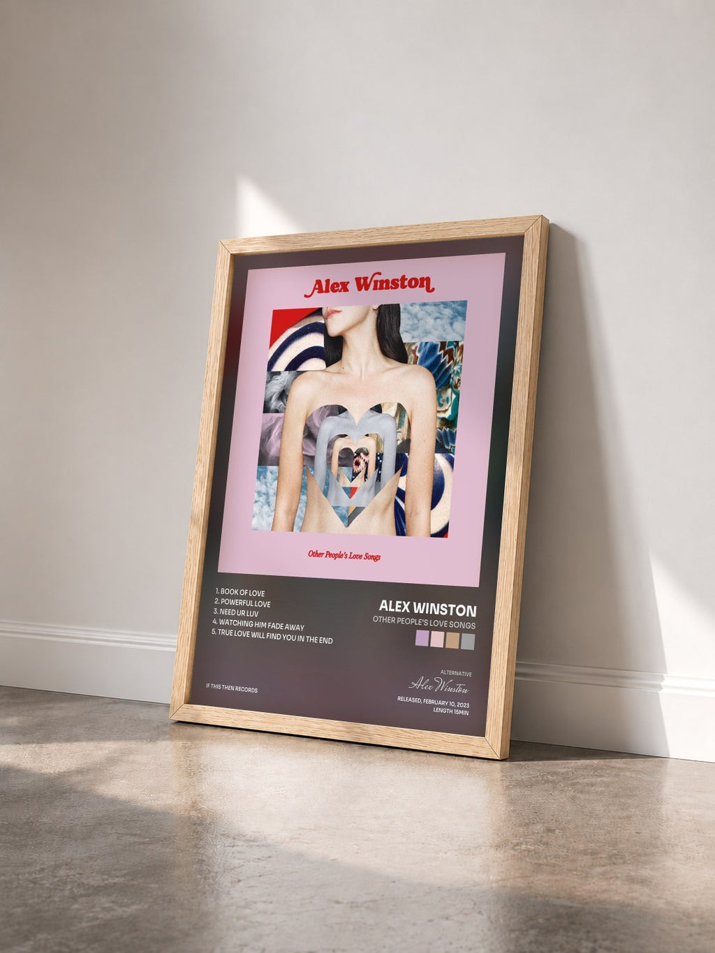 #bois Tableau de l'album Other People's Love Songs de Alex Winston vu de trois quarts, cadre en bois brut