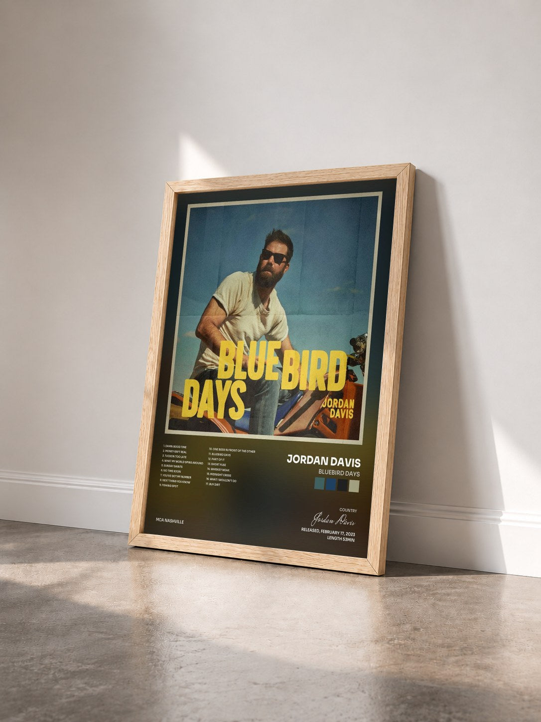 #bois Tableau de l'album Bluebird Days de Jordan Davis vu de trois quarts, cadre en bois brut