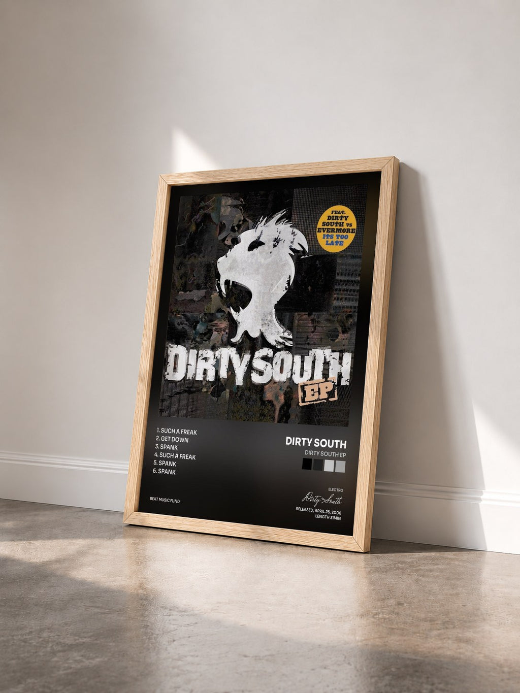 #bois Tableau de l'album Dirty South EP de Dirty South vu de trois quarts, cadre en bois brut