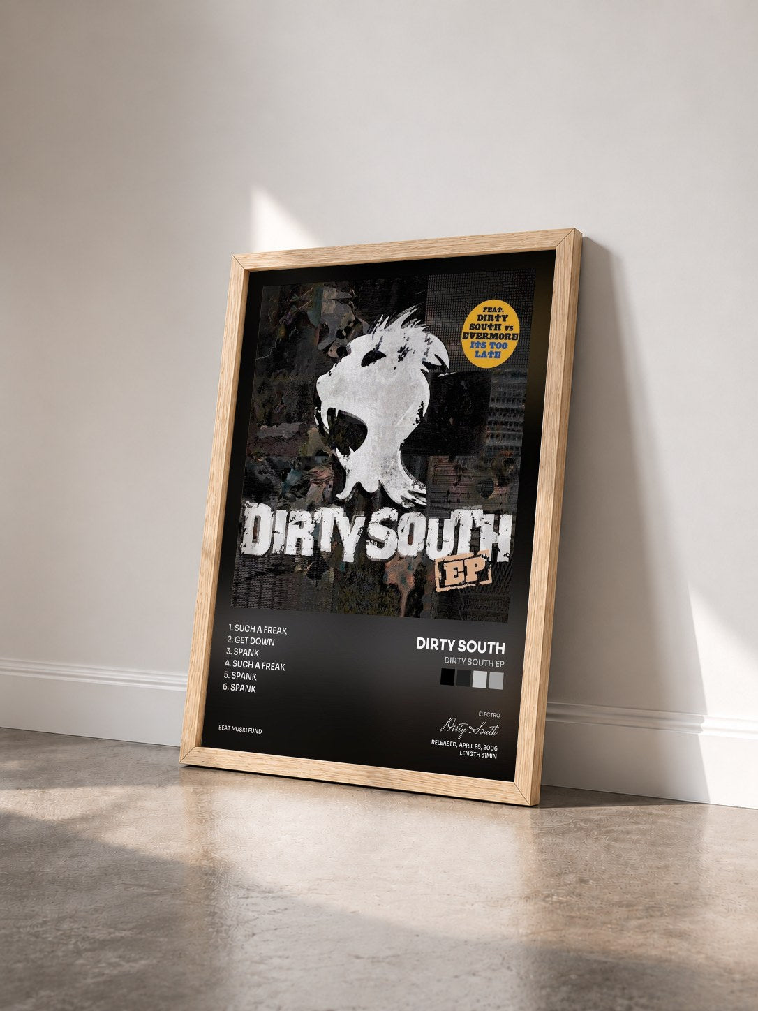 #bois Tableau de l'album Dirty South EP de Dirty South vu de trois quarts, cadre en bois brut
