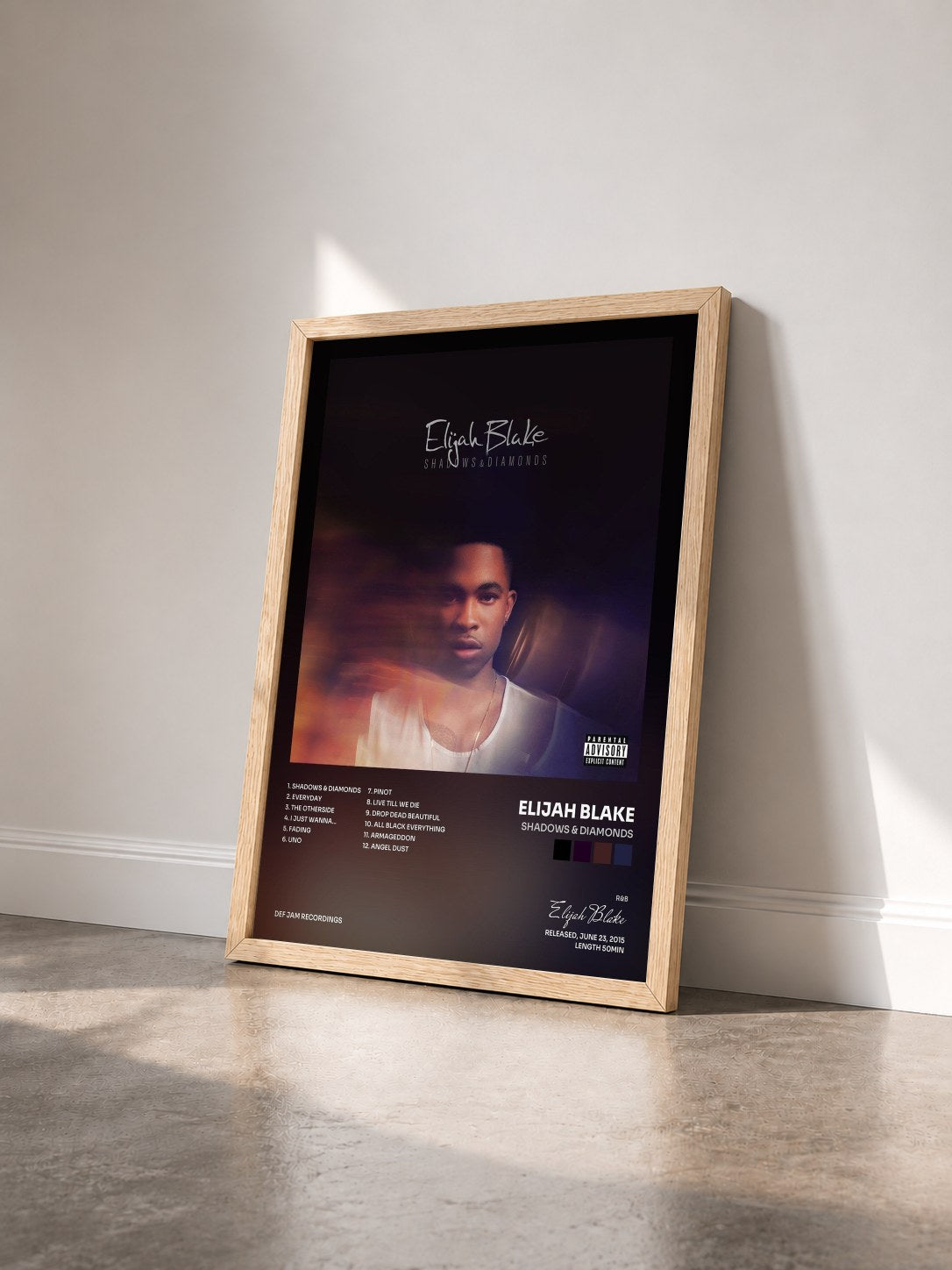 #bois Tableau de l'album Shadows & Diamonds de Elijah Blake vu de trois quarts, cadre en bois brut