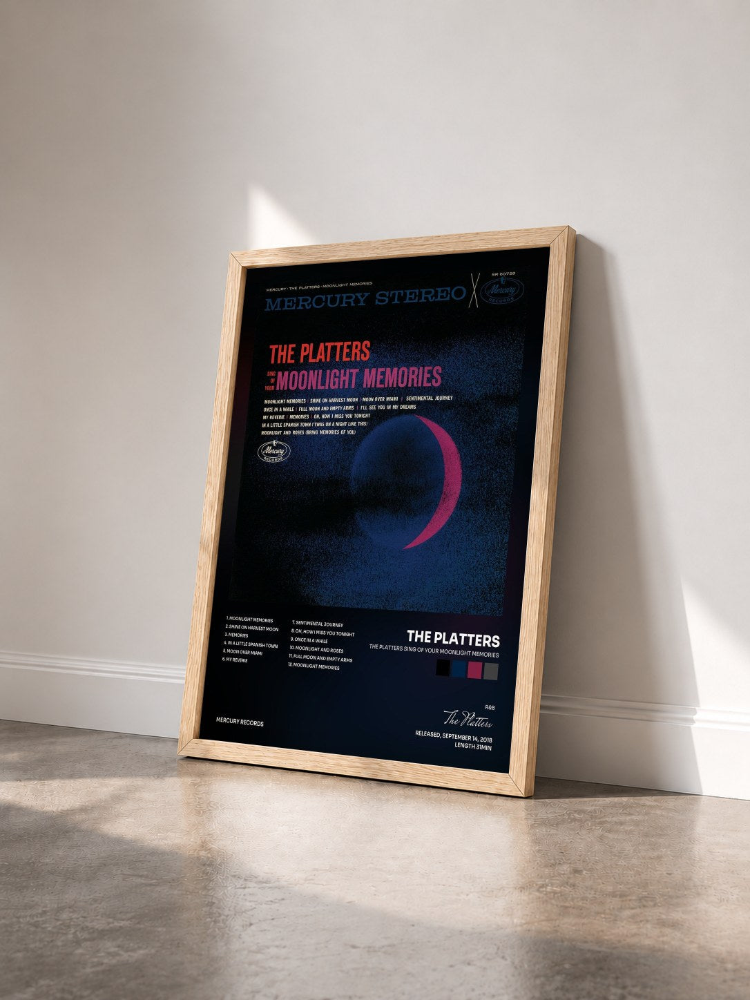 #bois Tableau de l'album The Platters Sing Of Your Moonlight Memories de The Platters vu de trois quarts, cadre en bois brut