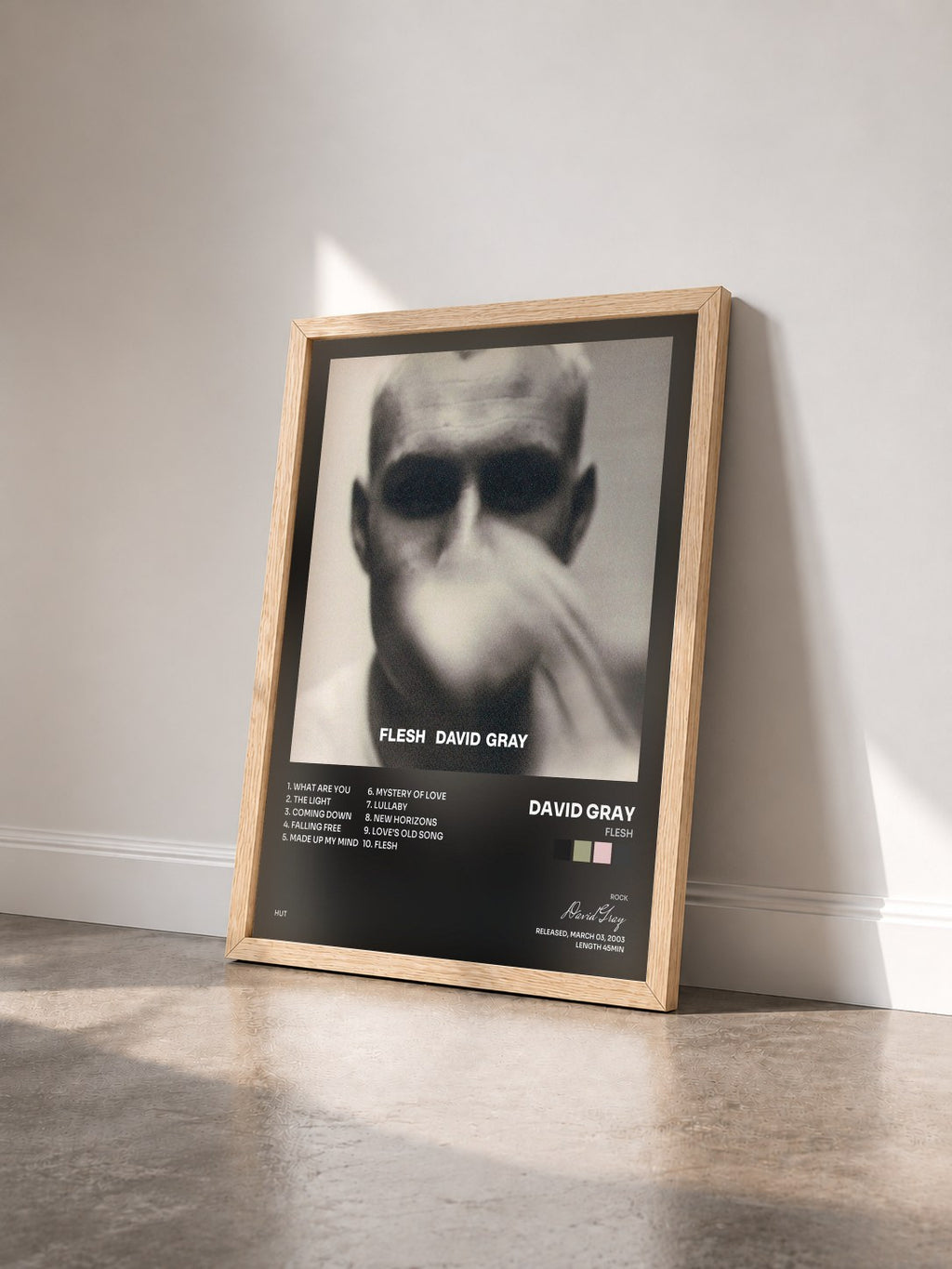 #bois Tableau de l'album Flesh de David Gray vu de trois quarts, cadre en bois brut