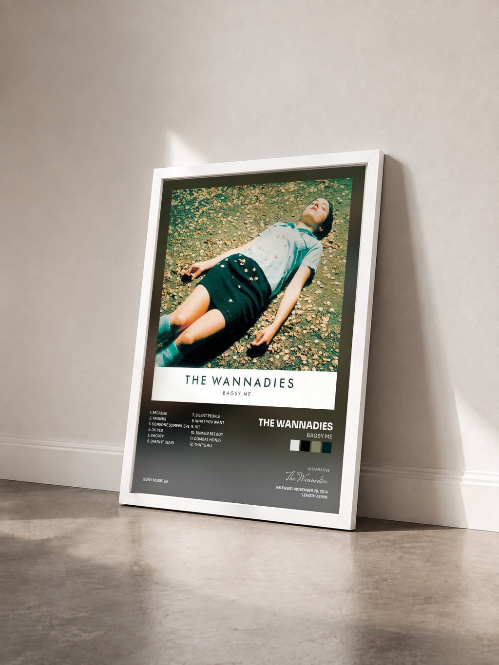 #blanc Tableau de l'album Bagsy Me de The Wannadies vu de trois quarts, cadre blanc
