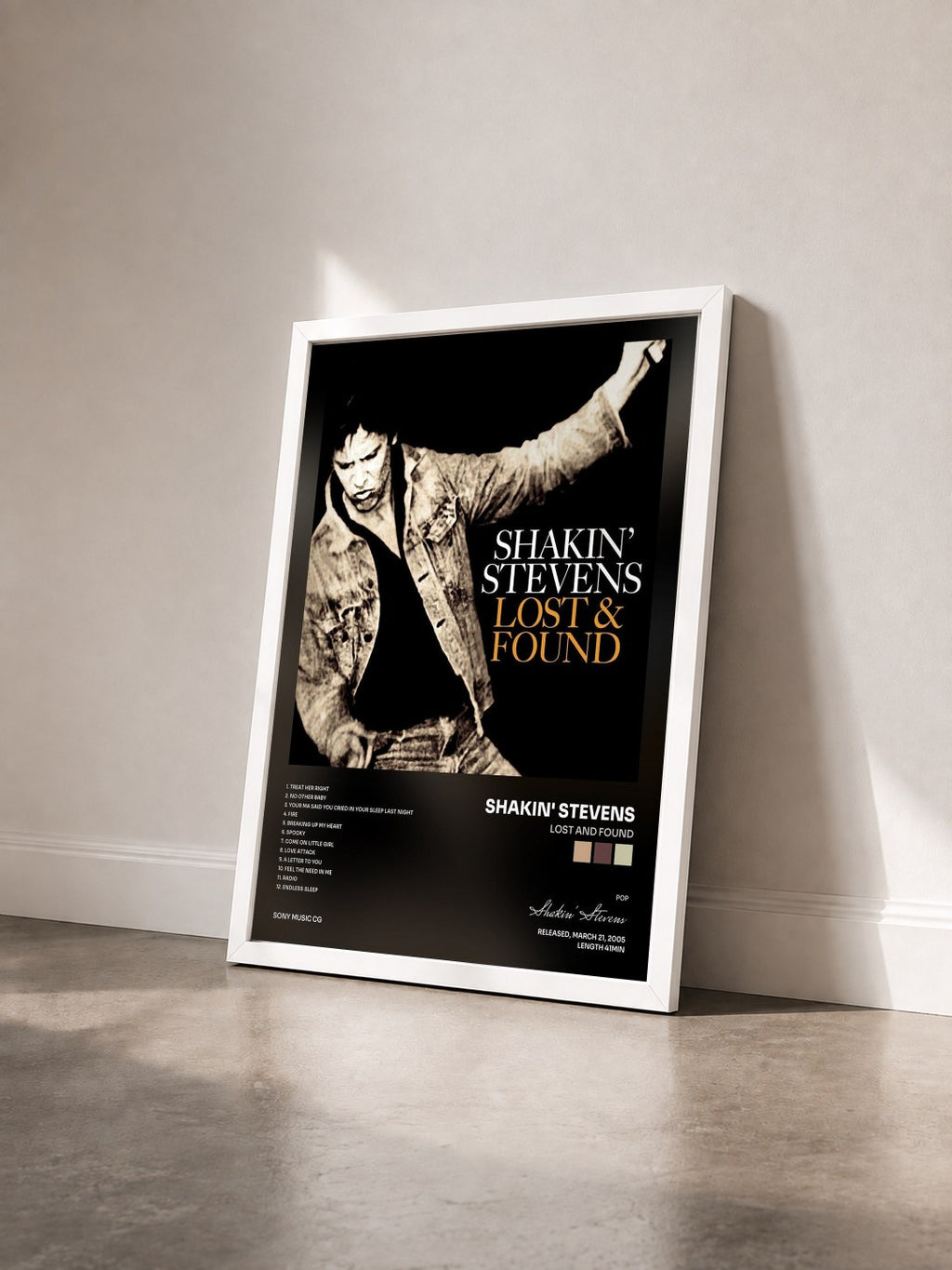 #blanc Tableau de l'album Lost And Found de Shakin' Stevens vu de trois quarts, cadre blanc