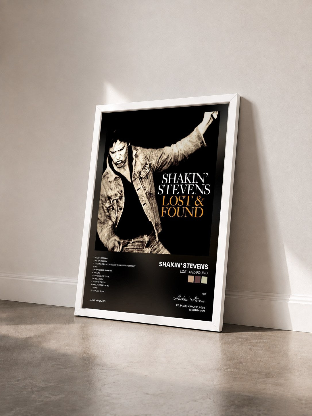 #blanc Tableau de l'album Lost And Found de Shakin' Stevens vu de trois quarts, cadre blanc