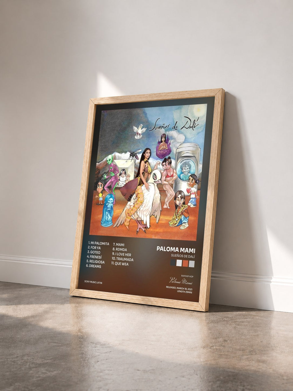 #bois Tableau de l'album Sueños de Dalí de Paloma Mami vu de trois quarts, cadre en bois brut