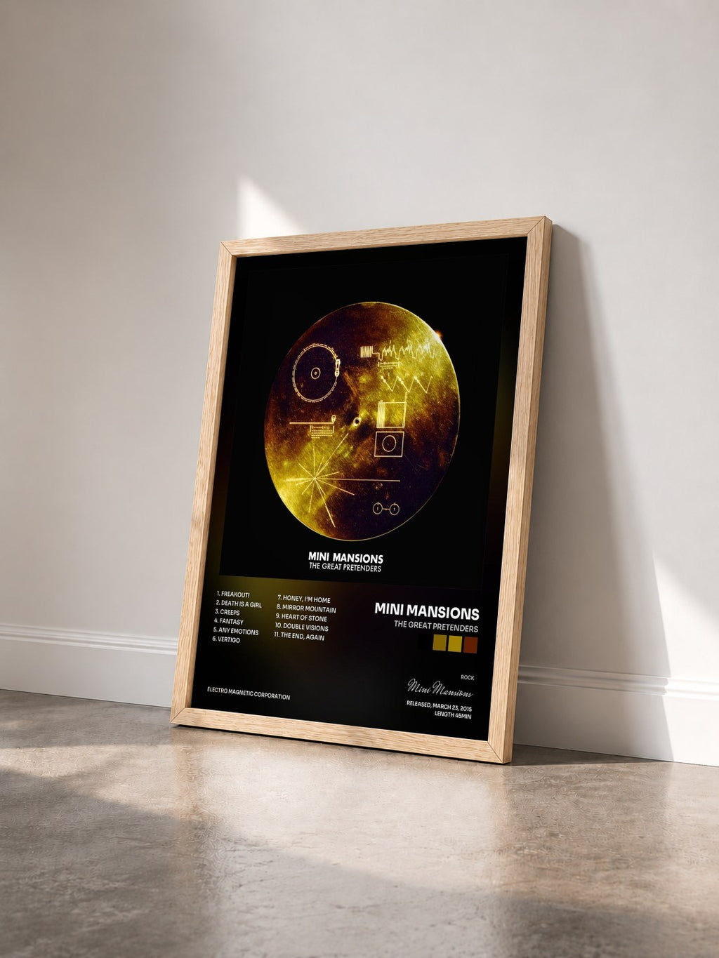 #bois Tableau de l'album The Great Pretenders de Mini Mansions vu de trois quarts, cadre en bois brut