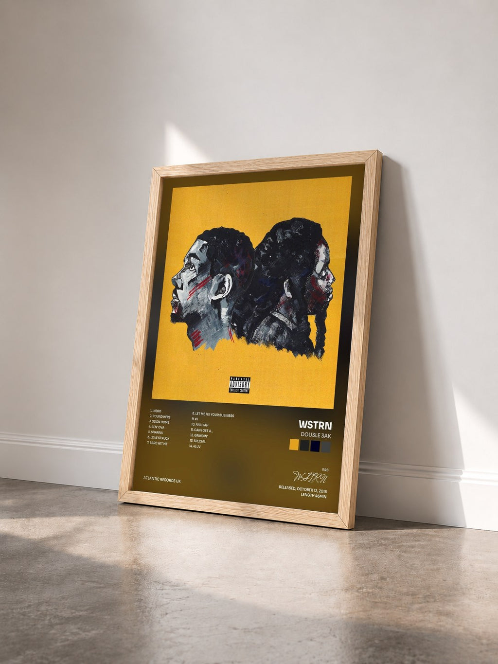 #bois Tableau de l'album DOU3LE 3AK de WSTRN vu de trois quarts, cadre en bois brut