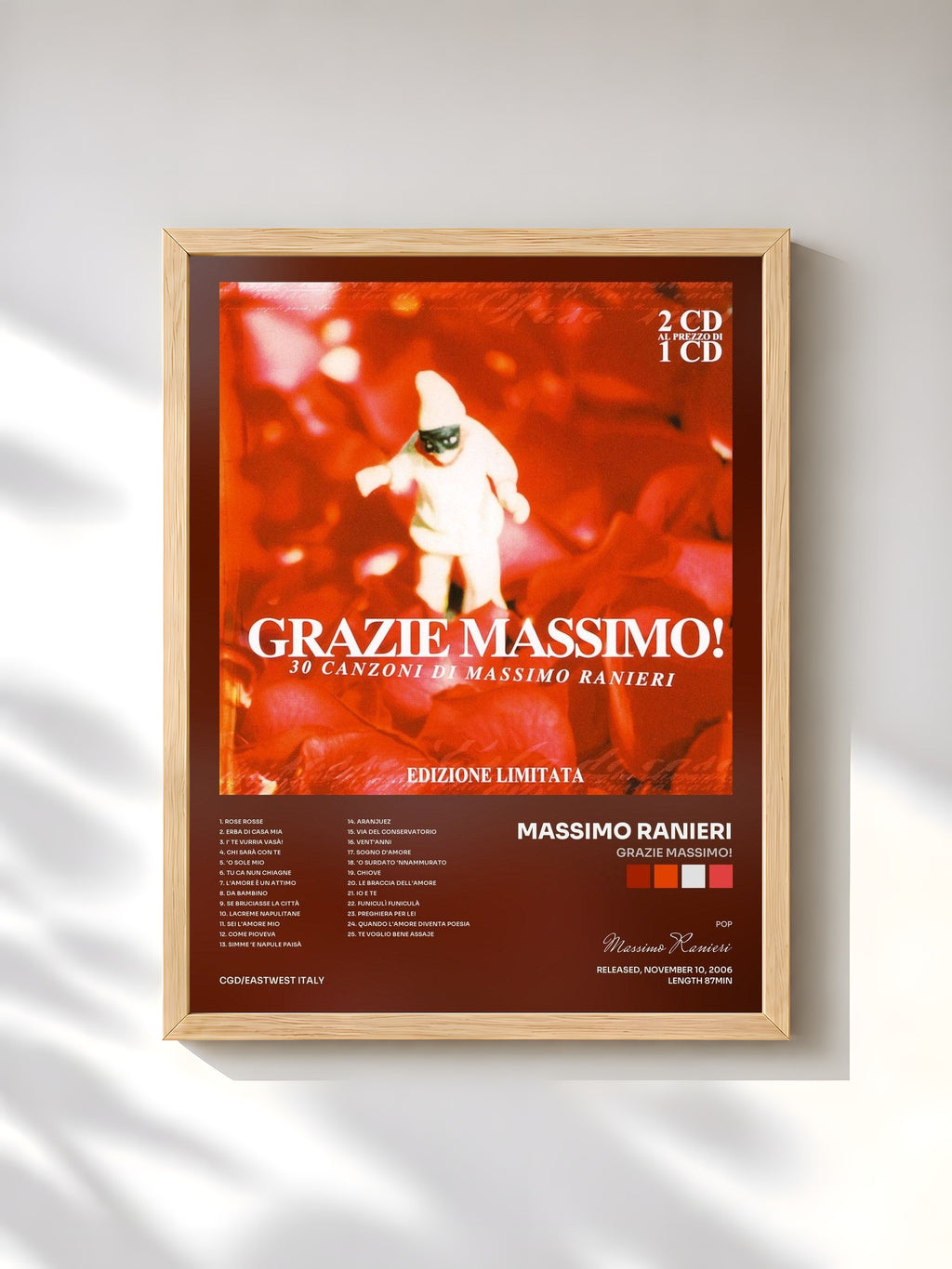 #bois Tableau de l'album Grazie Massimo! de Massimo Ranieri, cadre en bois brut, imprimé et encadré en France