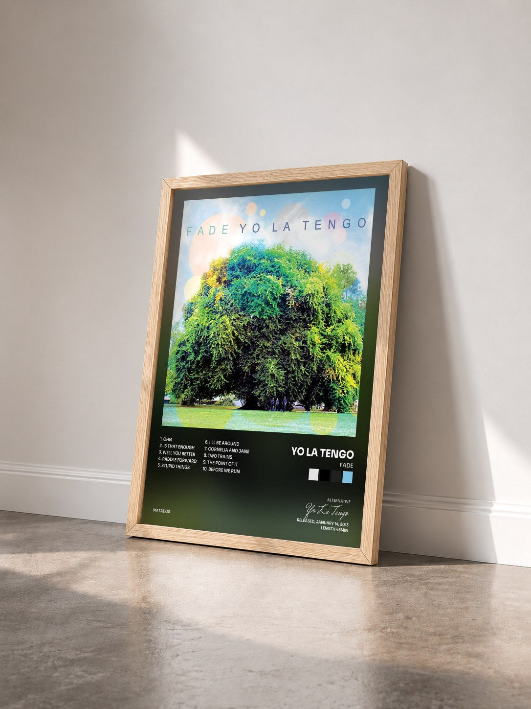 #bois Tableau de l'album Fade de Yo La Tengo vu de trois quarts, cadre en bois brut