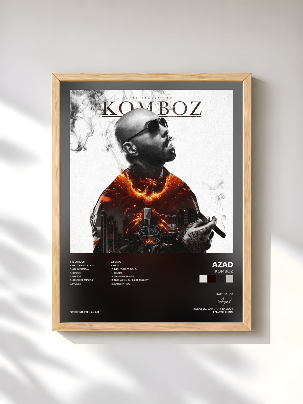 #bois Tableau de l'album KOMBOZ de Azad, cadre en bois brut, imprimé et encadré en France