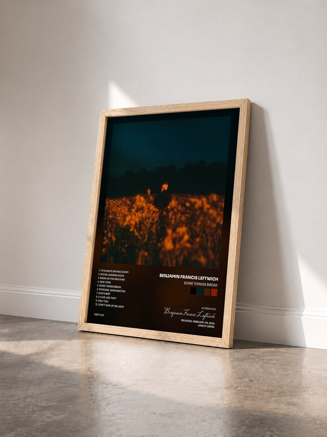 #bois Tableau de l'album Some Things Break de Benjamin Francis Leftwich vu de trois quarts, cadre en bois brut