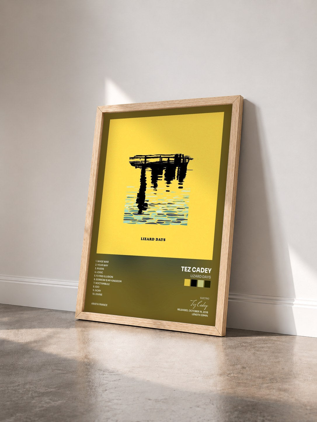 #bois Tableau de l'album Lizard Days de Tez Cadey vu de trois quarts, cadre en bois brut