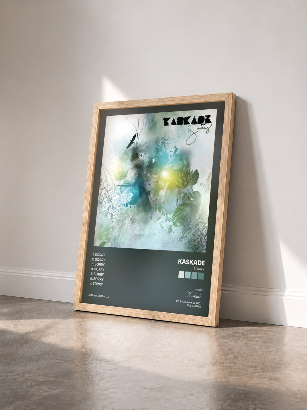 #bois Tableau de l'album Sorry de Kaskade vu de trois quarts, cadre en bois brut