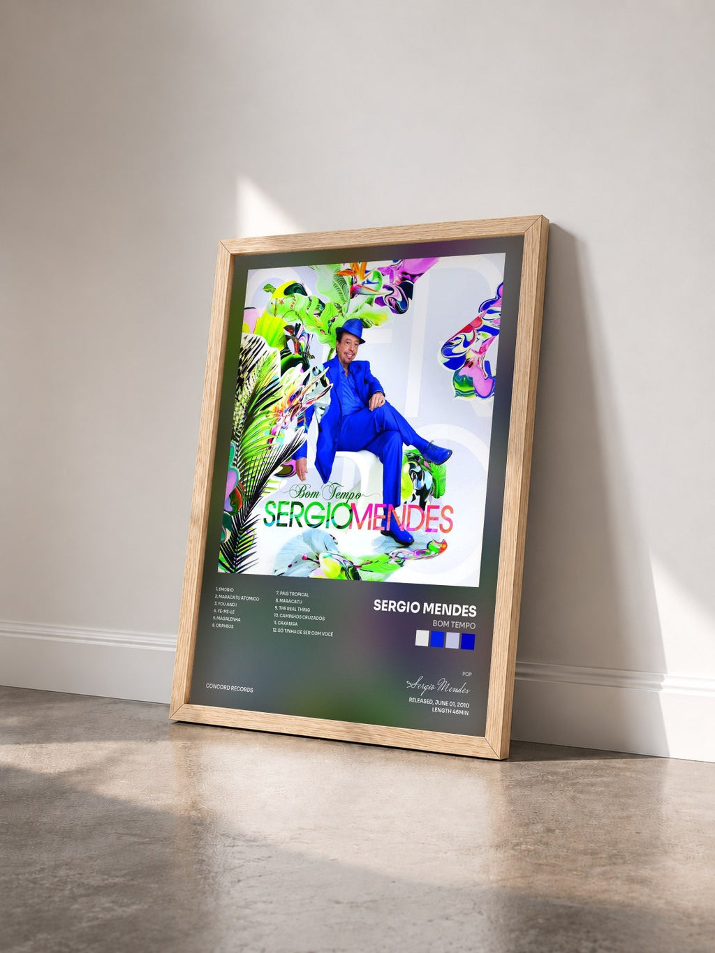 #bois Tableau de l'album Bom Tempo de Sergio Mendes vu de trois quarts, cadre en bois brut