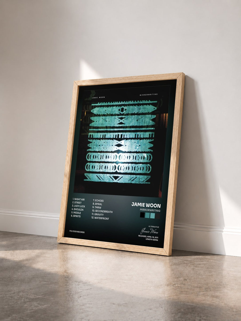 #bois Tableau de l'album Mirrorwriting de Jamie Woon vu de trois quarts, cadre en bois brut