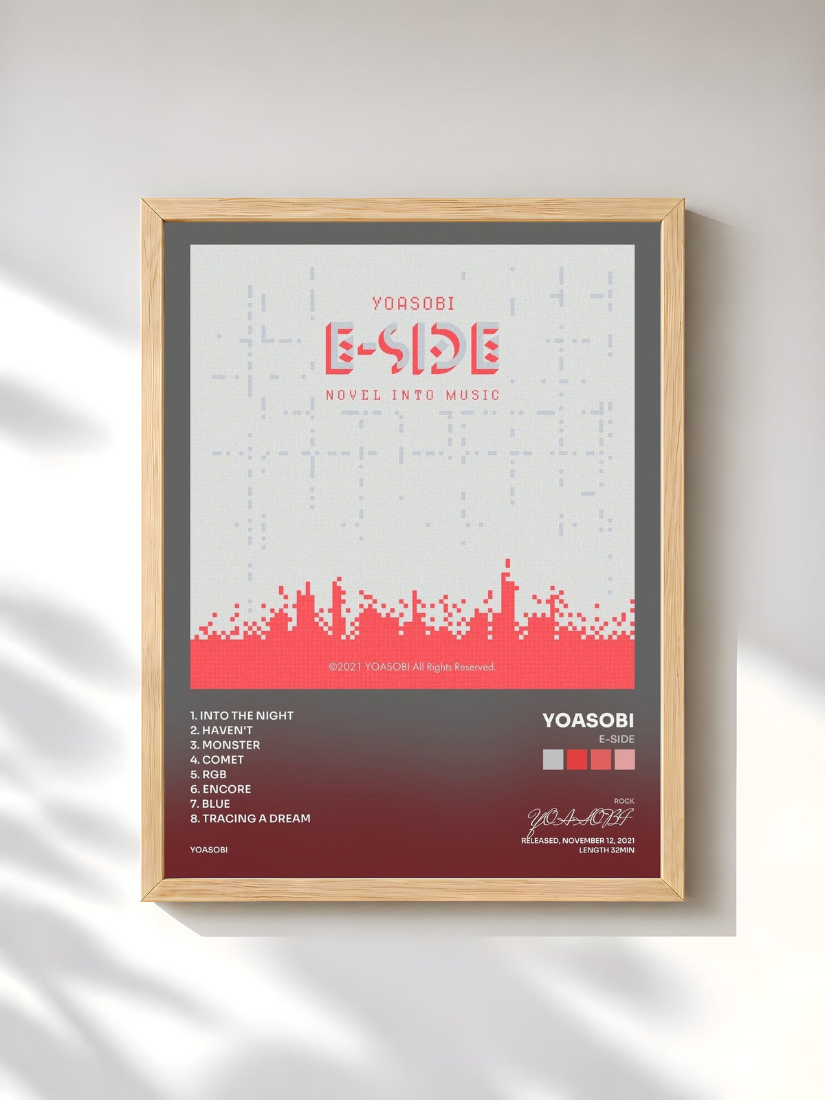 #bois Tableau de l'album E-SIDE de YOASOBI, cadre en bois brut, imprimé et encadré en France