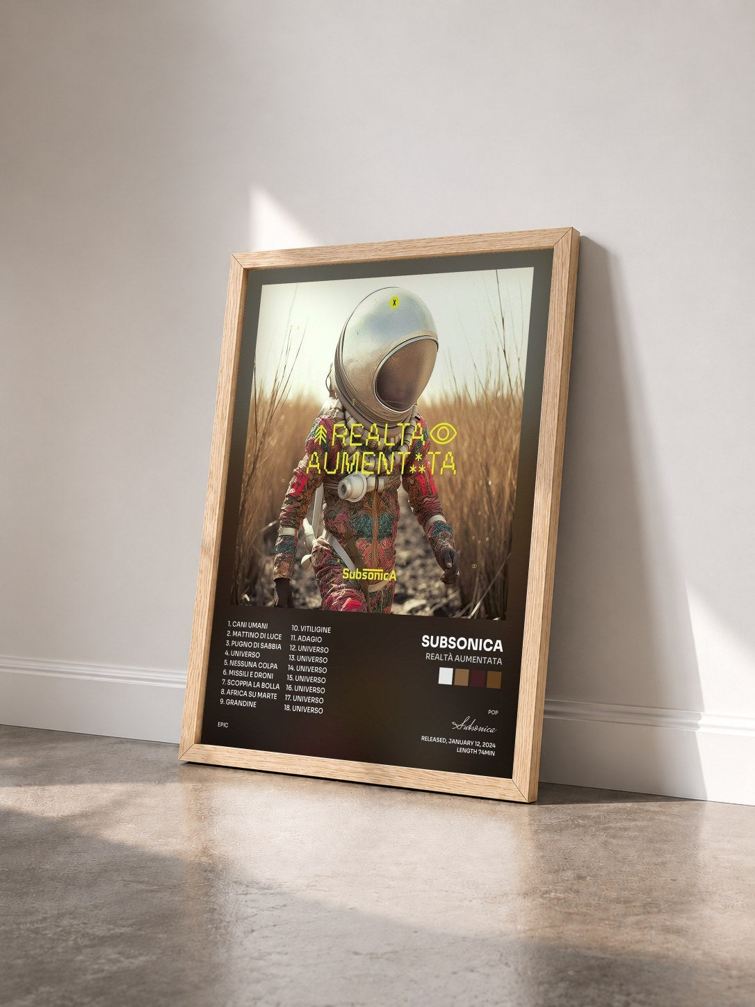 #bois Tableau de l'album Realtà Aumentata de Subsonica vu de trois quarts, cadre en bois brut