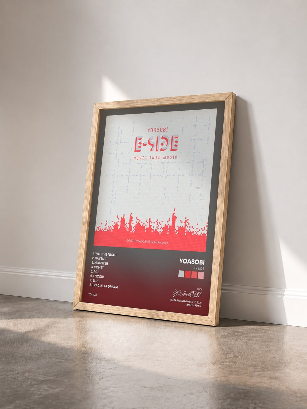 #bois Tableau de l'album E-SIDE de YOASOBI vu de trois quarts, cadre en bois brut