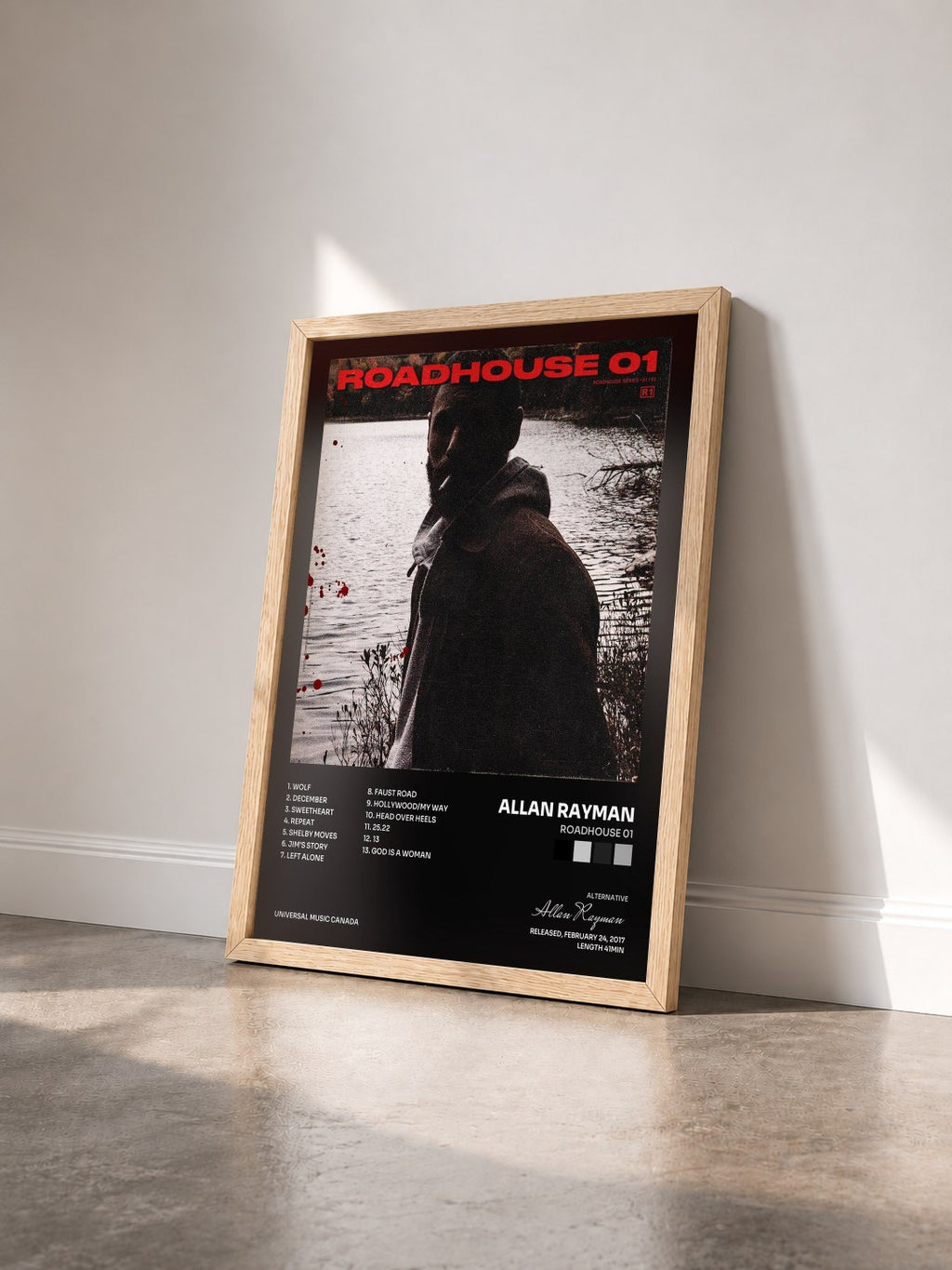 #bois Tableau de l'album Roadhouse 01 de Allan Rayman vu de trois quarts, cadre en bois brut