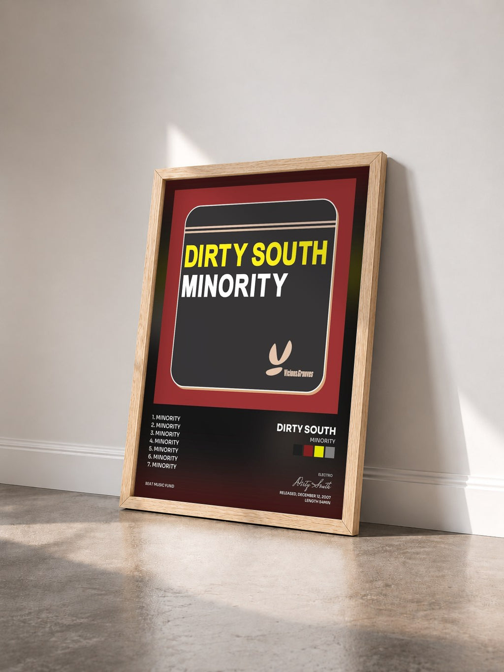 #bois Tableau de l'album Minority de Dirty South vu de trois quarts, cadre en bois brut