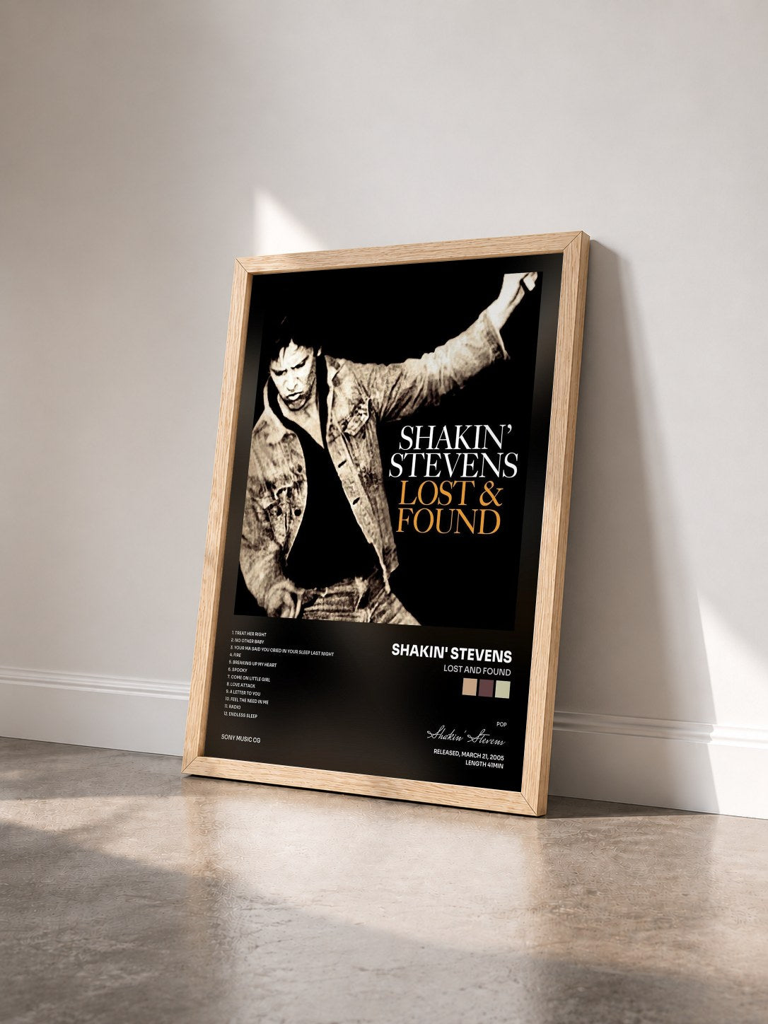 #bois Tableau de l'album Lost And Found de Shakin' Stevens vu de trois quarts, cadre en bois brut