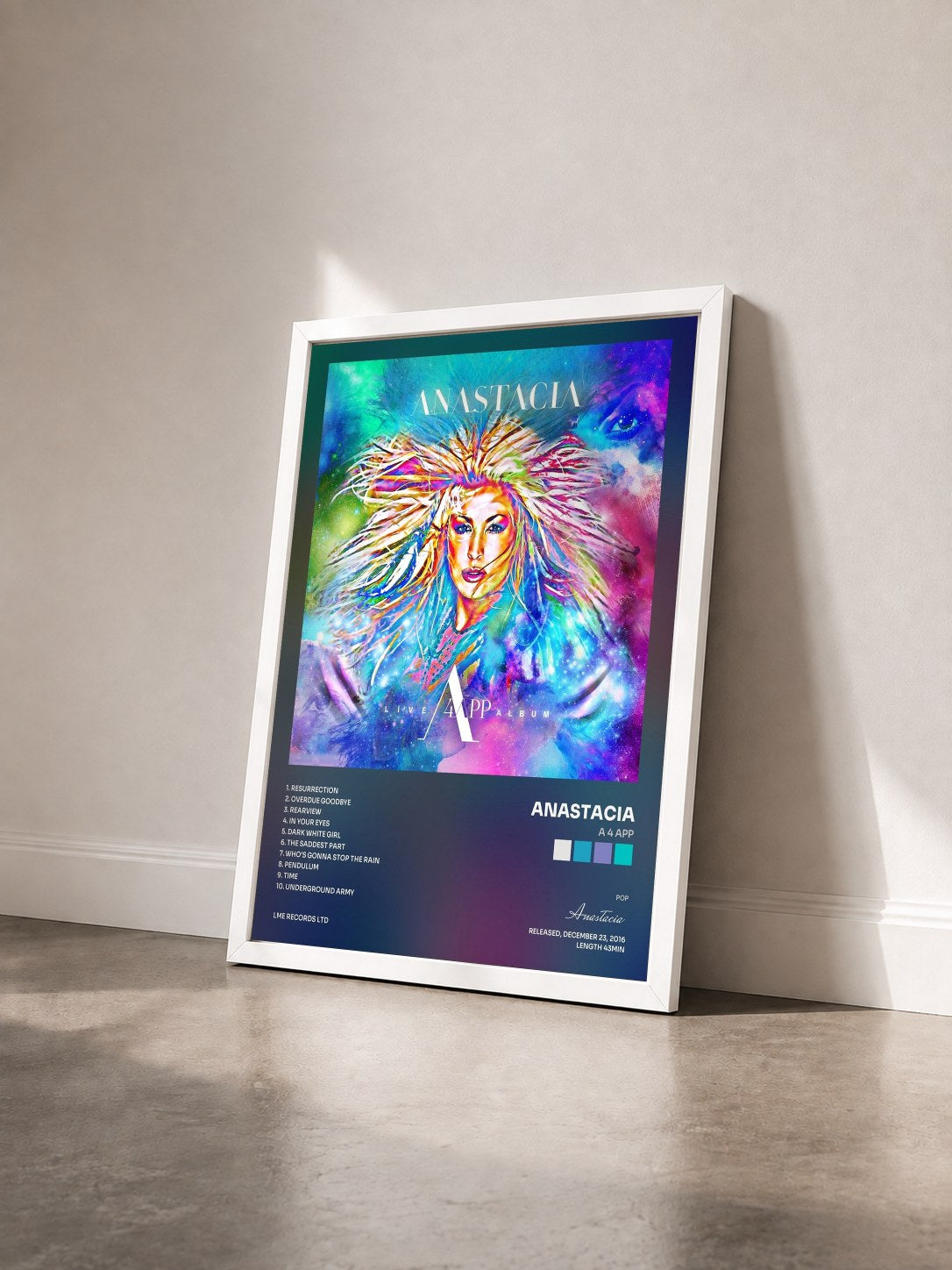 #blanc Tableau de l'album A 4 APP de Anastacia vu de trois quarts, cadre blanc