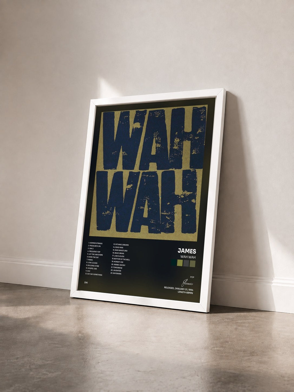 #blanc Tableau de l'album Wah Wah de James vu de trois quarts, cadre blanc
