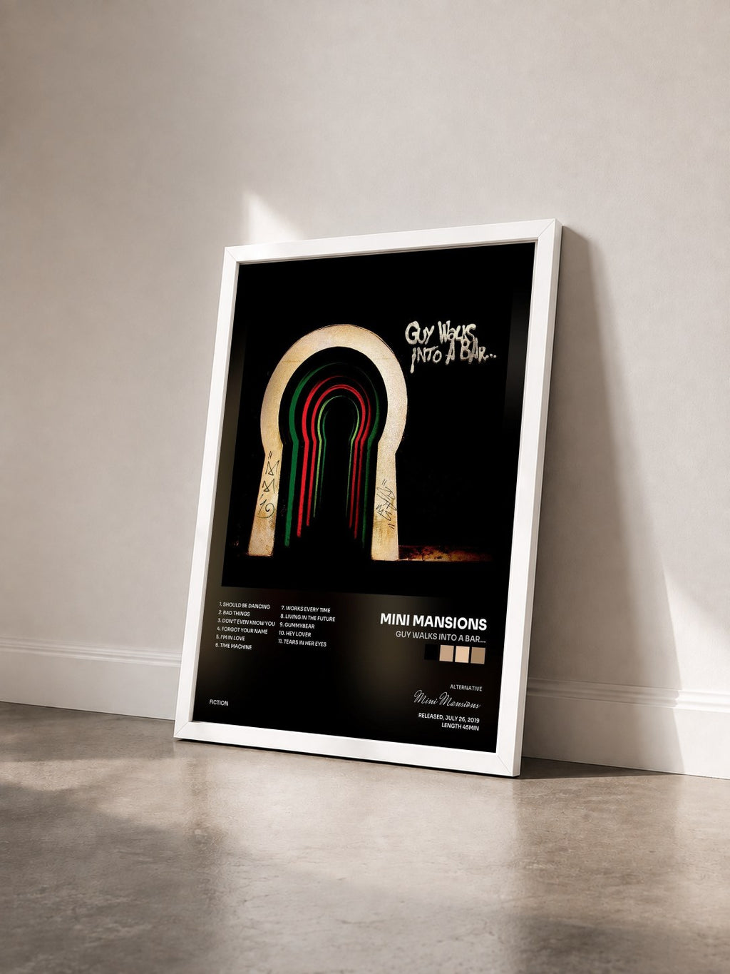 #blanc Tableau de l'album Guy Walks Into A Bar… de Mini Mansions vu de trois quarts, cadre blanc