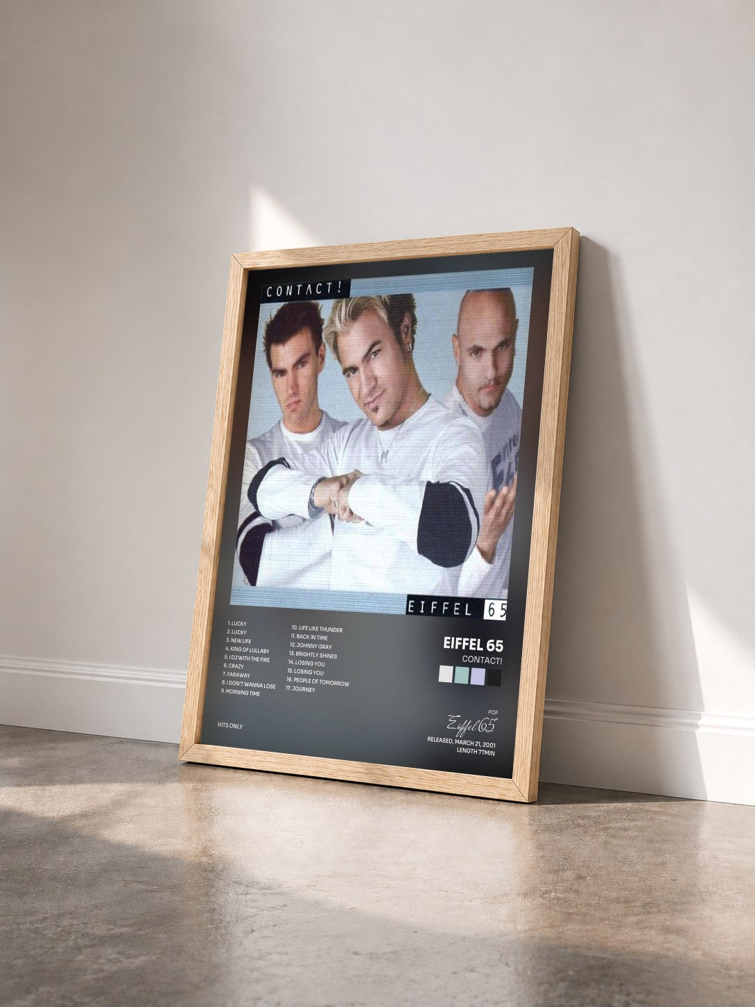 #bois Tableau de l'album Contact! de Eiffel 65 vu de trois quarts, cadre en bois brut