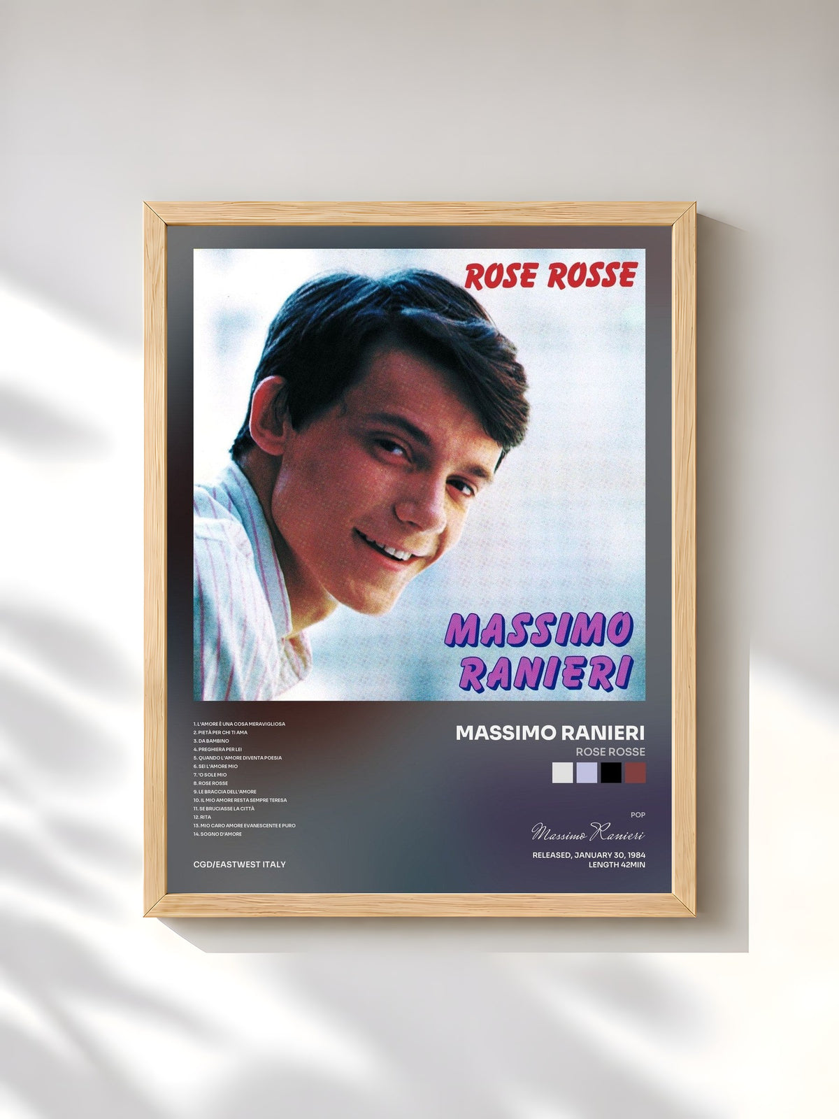 #bois Tableau de l'album Rose Rosse de Massimo Ranieri, cadre en bois brut, imprimé et encadré en France
