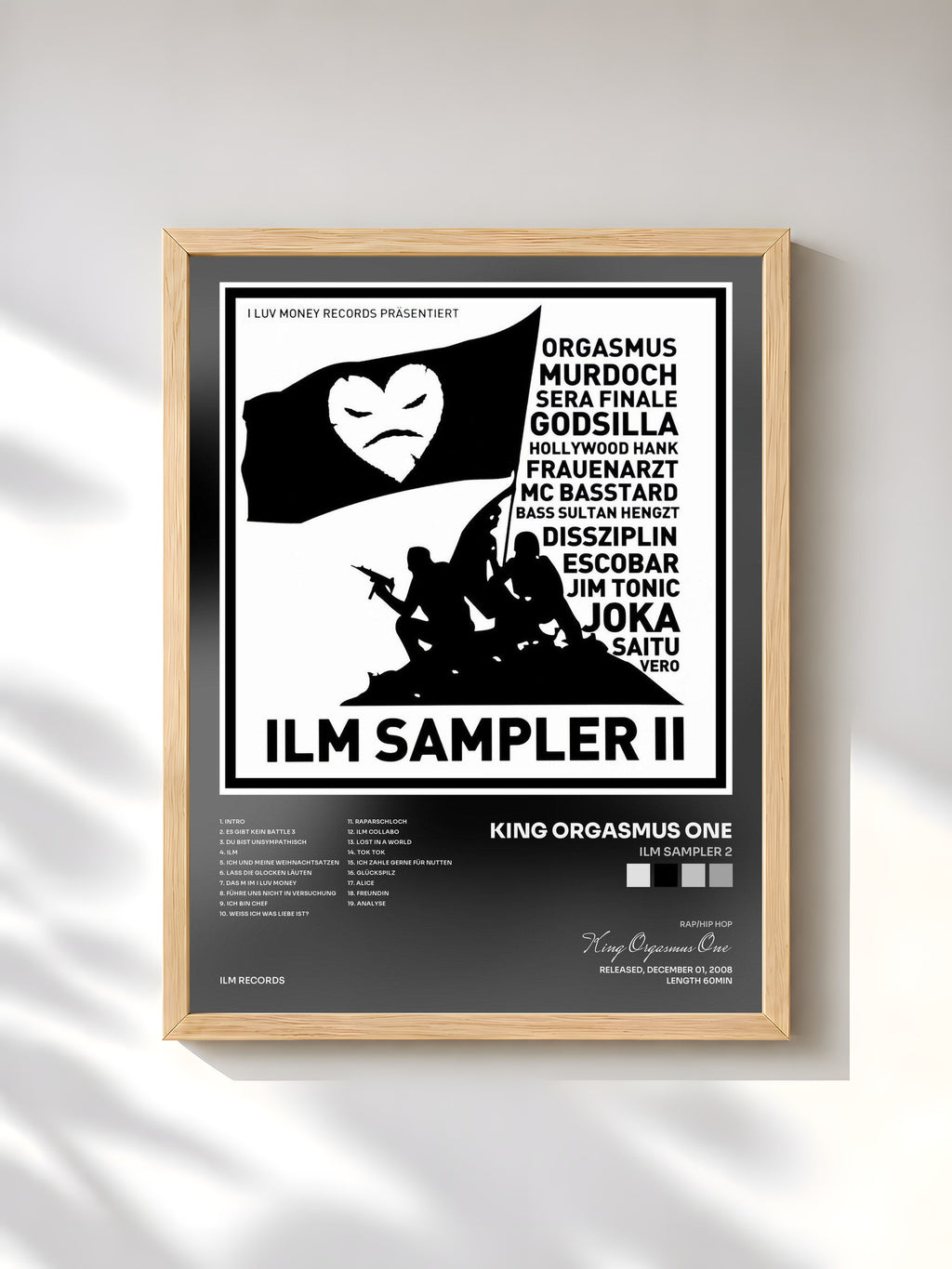 #bois Tableau de l'album ILM Sampler 2 de King Orgasmus One, cadre en bois brut, imprimé et encadré en France