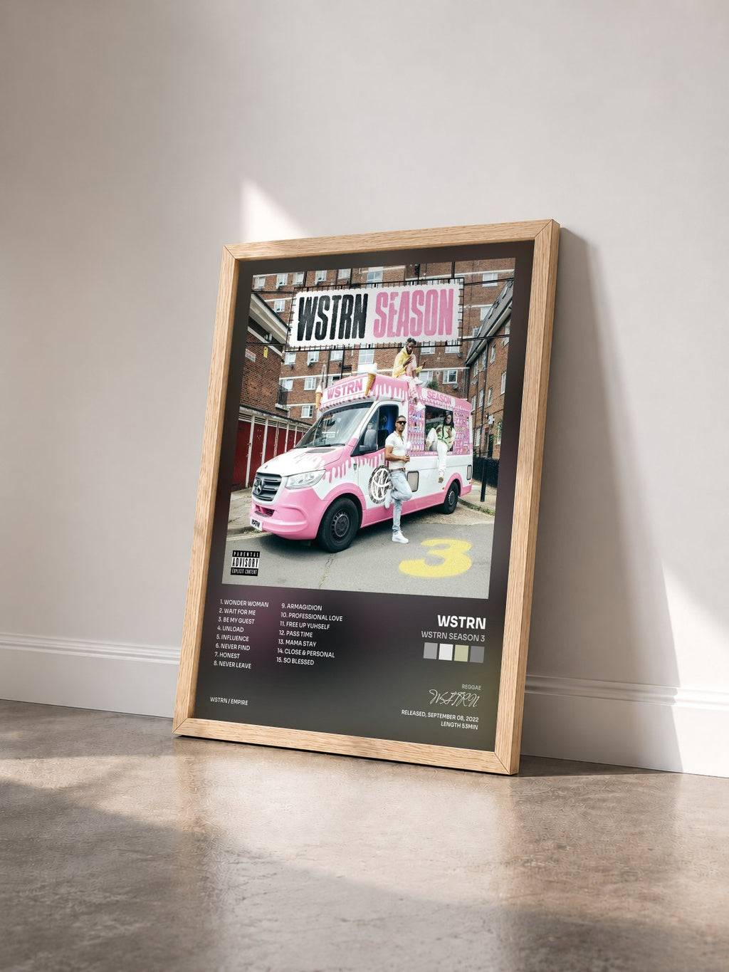 #bois Tableau de l'album WSTRN Season 3 de WSTRN vu de trois quarts, cadre en bois brut