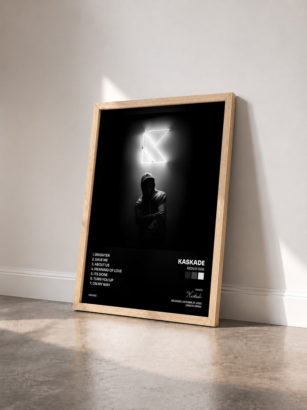 #bois Tableau de l'album REDUX 006 de Kaskade vu de trois quarts, cadre en bois brut
