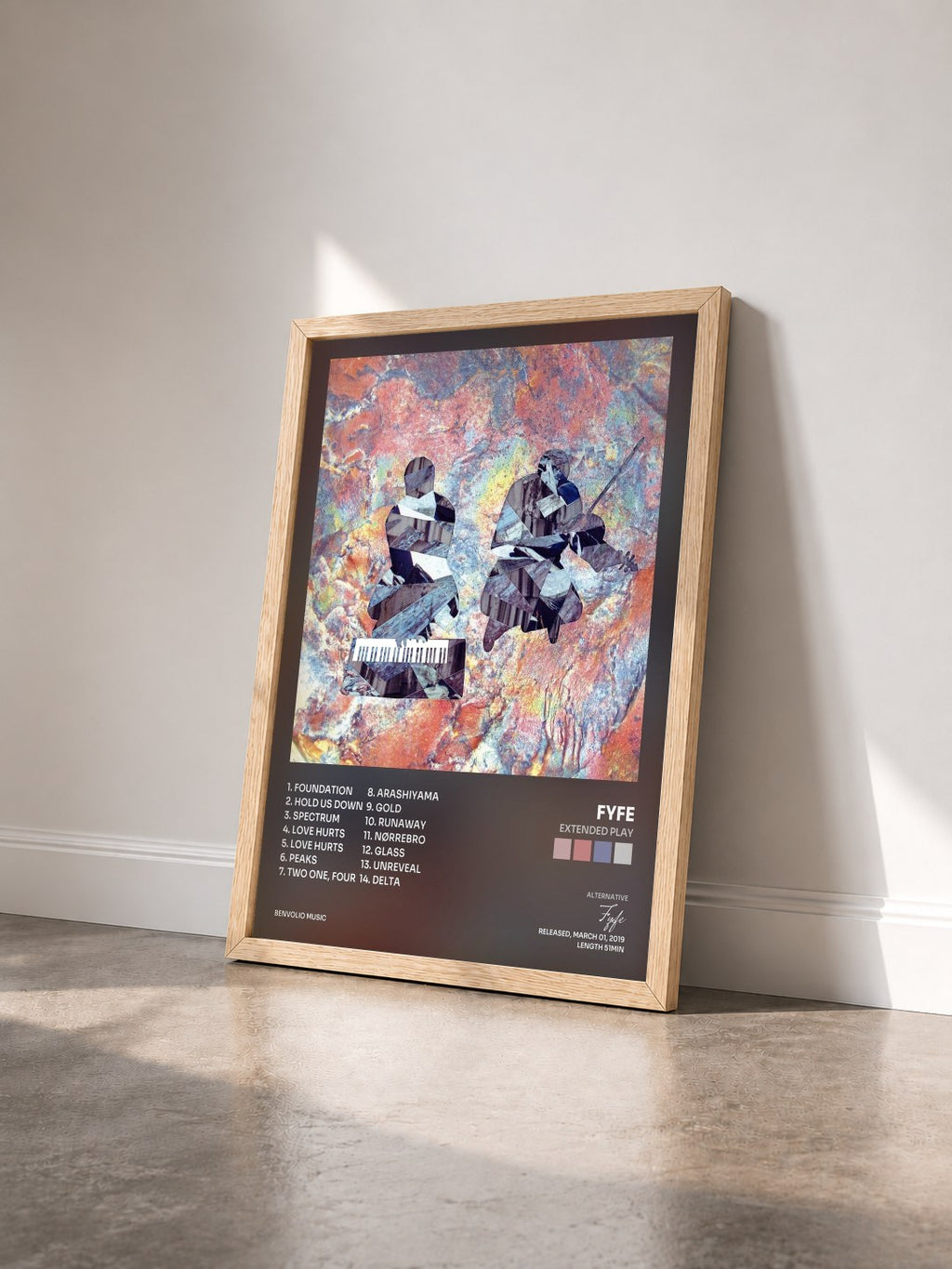#bois Tableau de l'album Extended Play de Fyfe vu de trois quarts, cadre en bois brut