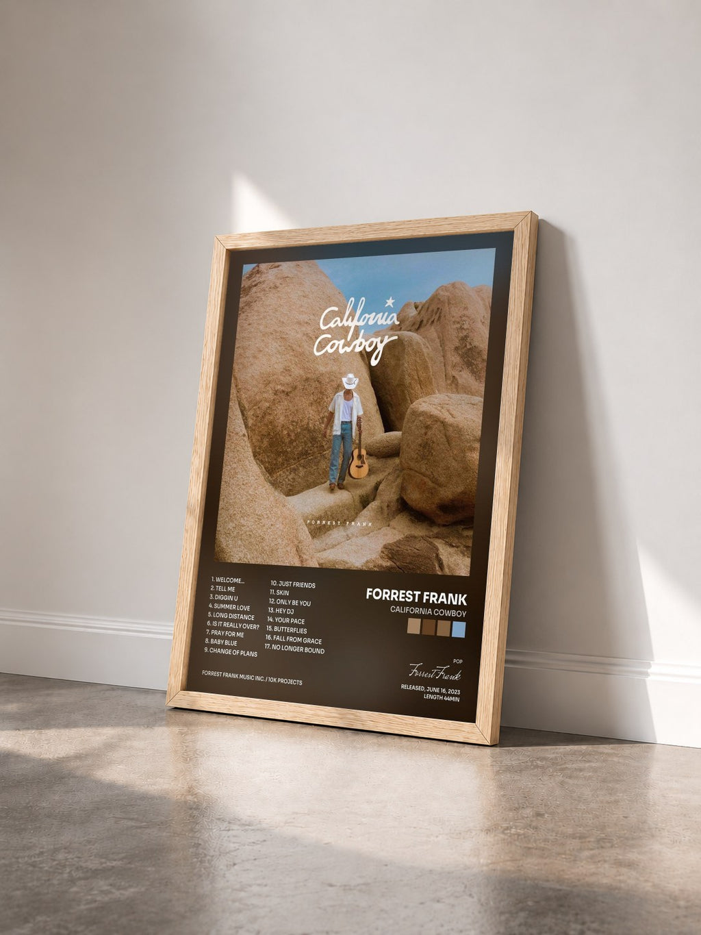 #bois Tableau de l'album California Cowboy de Forrest Frank vu de trois quarts, cadre en bois brut