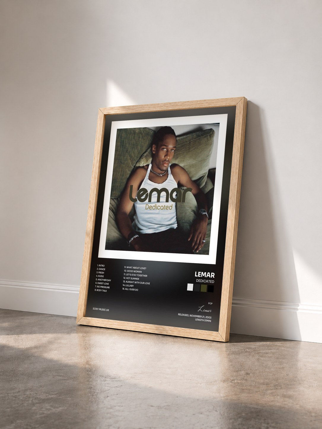 #bois Tableau de l'album Dedicated de Lemar vu de trois quarts, cadre en bois brut