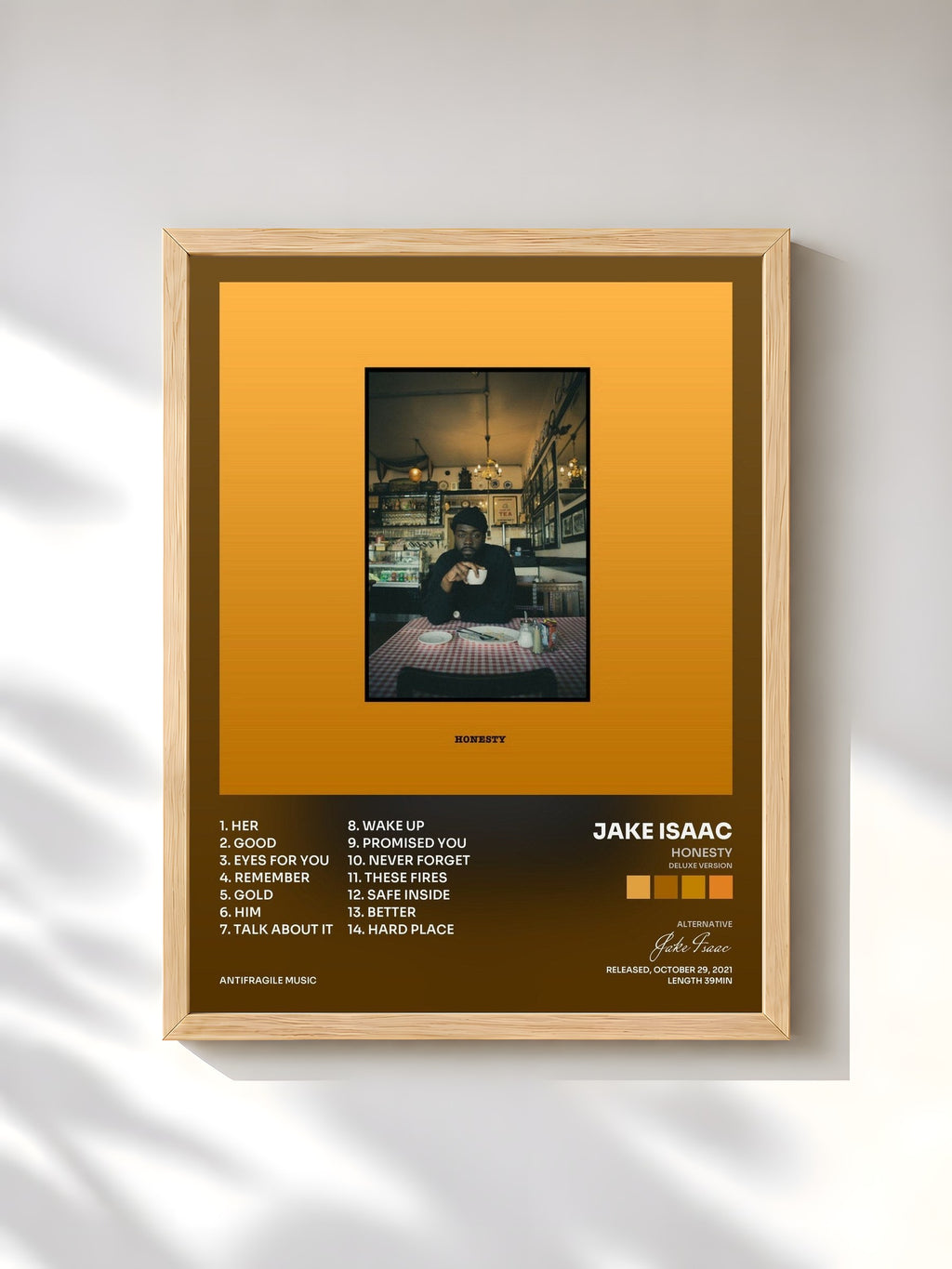 #bois Tableau de l'album Honesty (Deluxe Version) de Jake Isaac, cadre en bois brut, imprimé et encadré en France