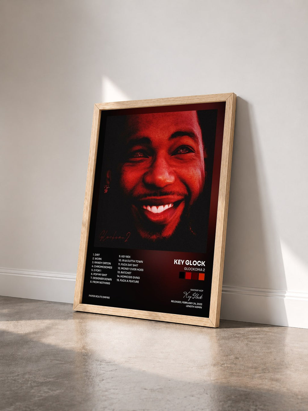 #bois Tableau de l'album Glockoma 2 de Key Glock vu de trois quarts, cadre en bois brut