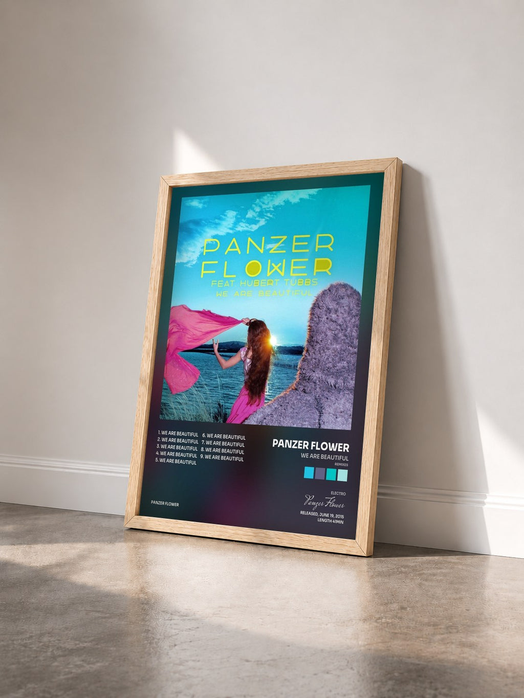 #bois Tableau de l'album We Are Beautiful (Remixes) de Panzer Flower vu de trois quarts, cadre en bois brut