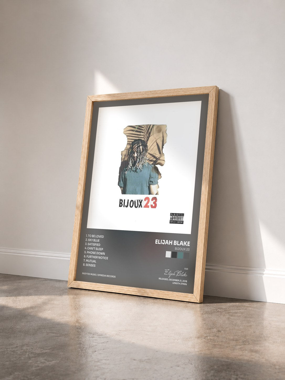 #bois Tableau de l'album Bijoux 23 de Elijah Blake vu de trois quarts, cadre en bois brut