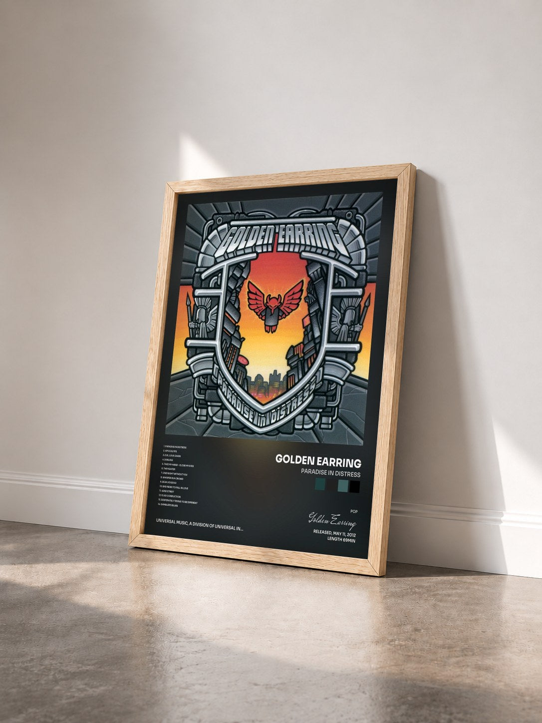#bois Tableau de l'album Paradise In Distress de Golden Earring vu de trois quarts, cadre en bois brut
