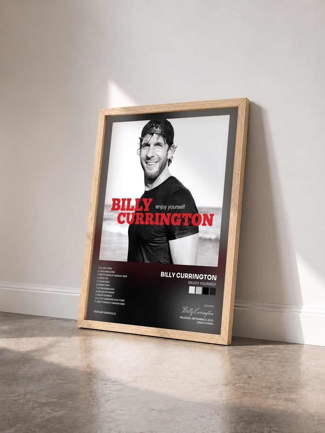 #bois Tableau de l'album Enjoy Yourself de Billy Currington vu de trois quarts, cadre en bois brut
