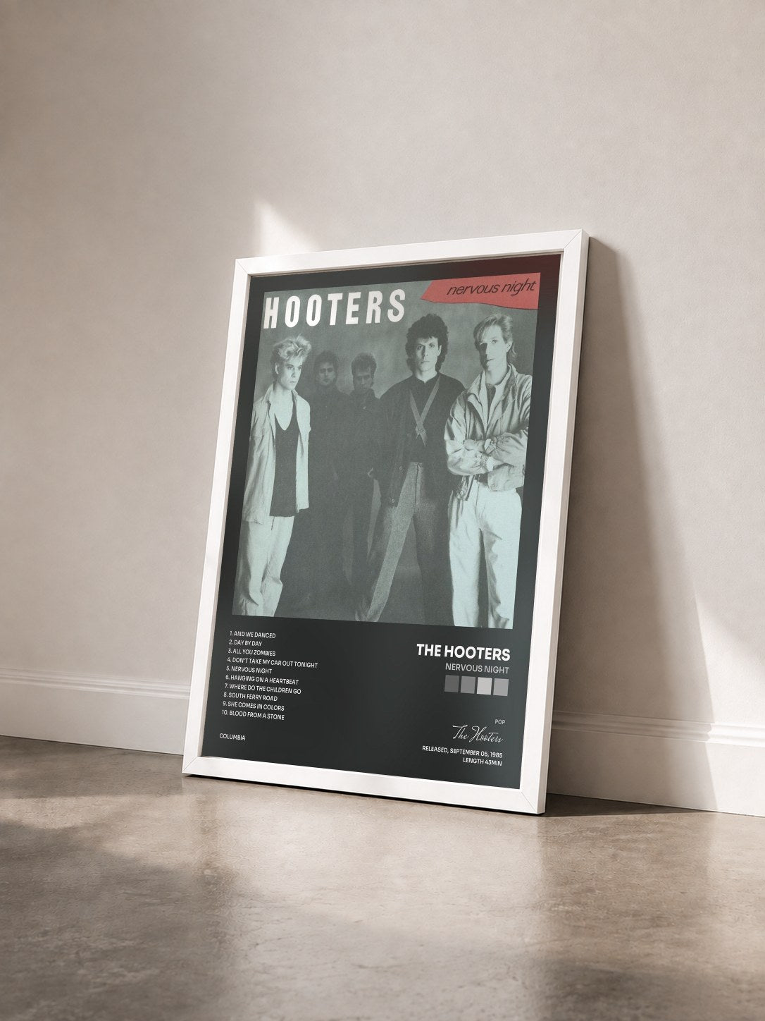 #blanc Tableau de l'album Nervous Night de The Hooters vu de trois quarts, cadre blanc