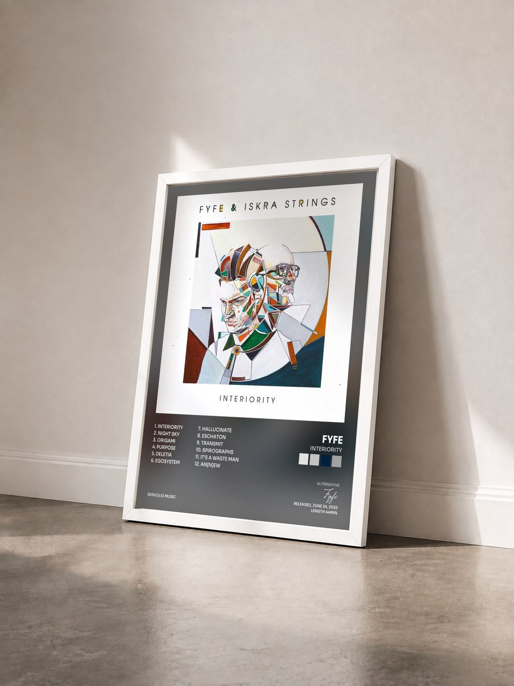 #blanc Tableau de l'album Interiority de Fyfe vu de trois quarts, cadre blanc