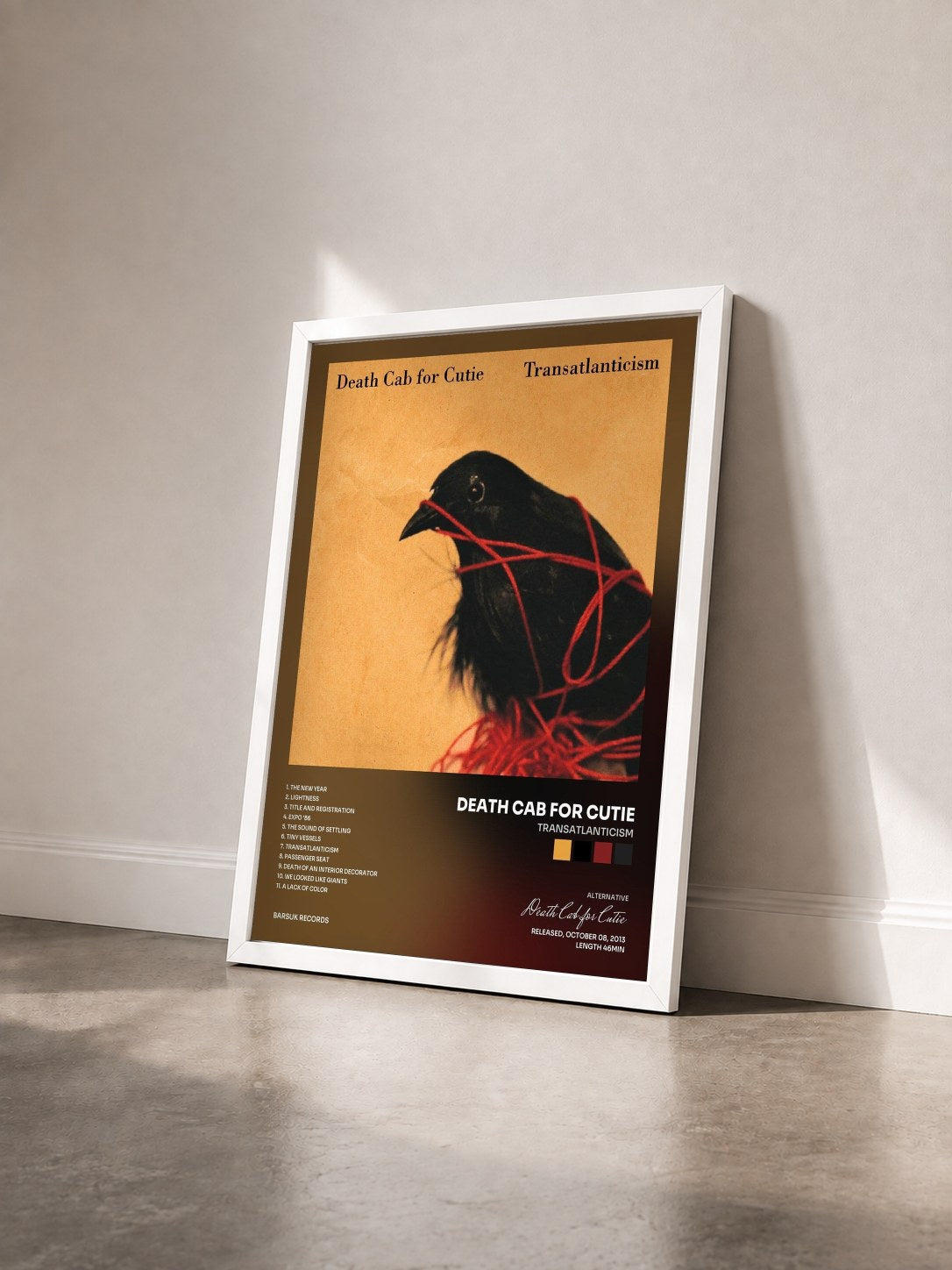 #blanc Tableau de l'album Transatlanticism de Death Cab for Cutie vu de trois quarts, cadre blanc