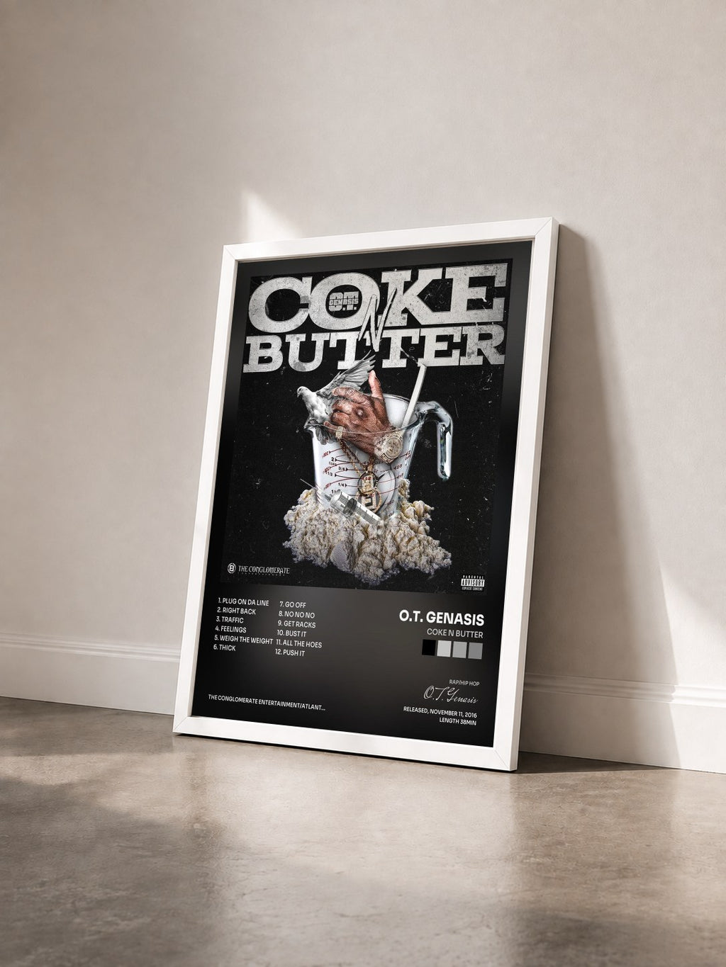 #blanc Tableau de l'album Coke N Butter de O.T. Genasis vu de trois quarts, cadre blanc