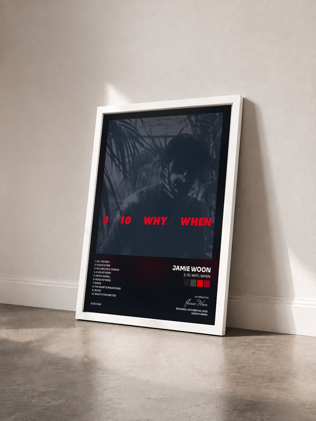 #blanc Tableau de l'album 3, 10, Why, When de Jamie Woon vu de trois quarts, cadre blanc